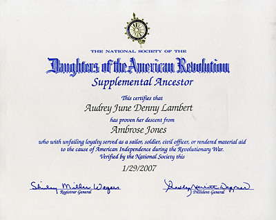 Ambrose Jones NSDAR Certificate