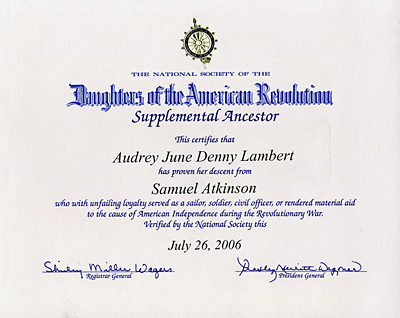 Samuel Atkinson NSDAR Certificate